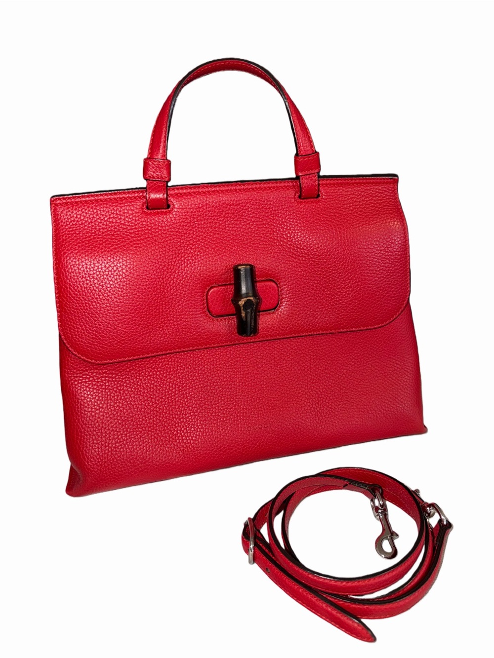 Gucci Pebbled Calfskin Large Bamboo Daily Top Handle Bag Red Shoulder/ Croosbody